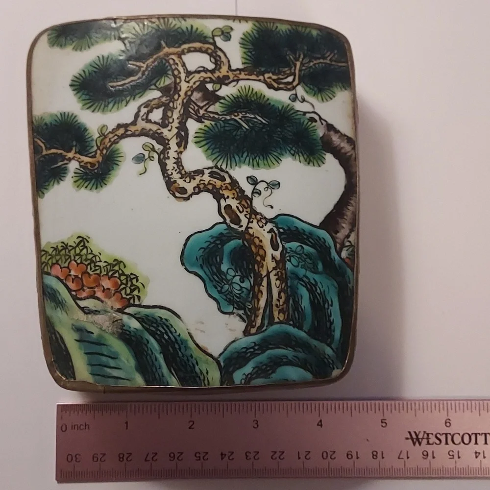 Chinese Porcelain Shard Box Vintage tree botanical floral design